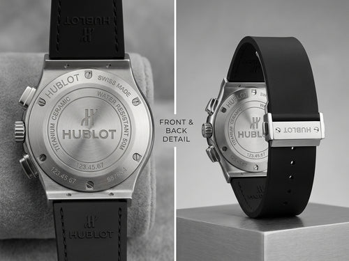 A split-view product photo of a Hublot watch showing the back of the case and strap. The left side shows the back of the watch on a gray cushion, and the right side shows the back with the black strap attached and a small metal clasp detail.