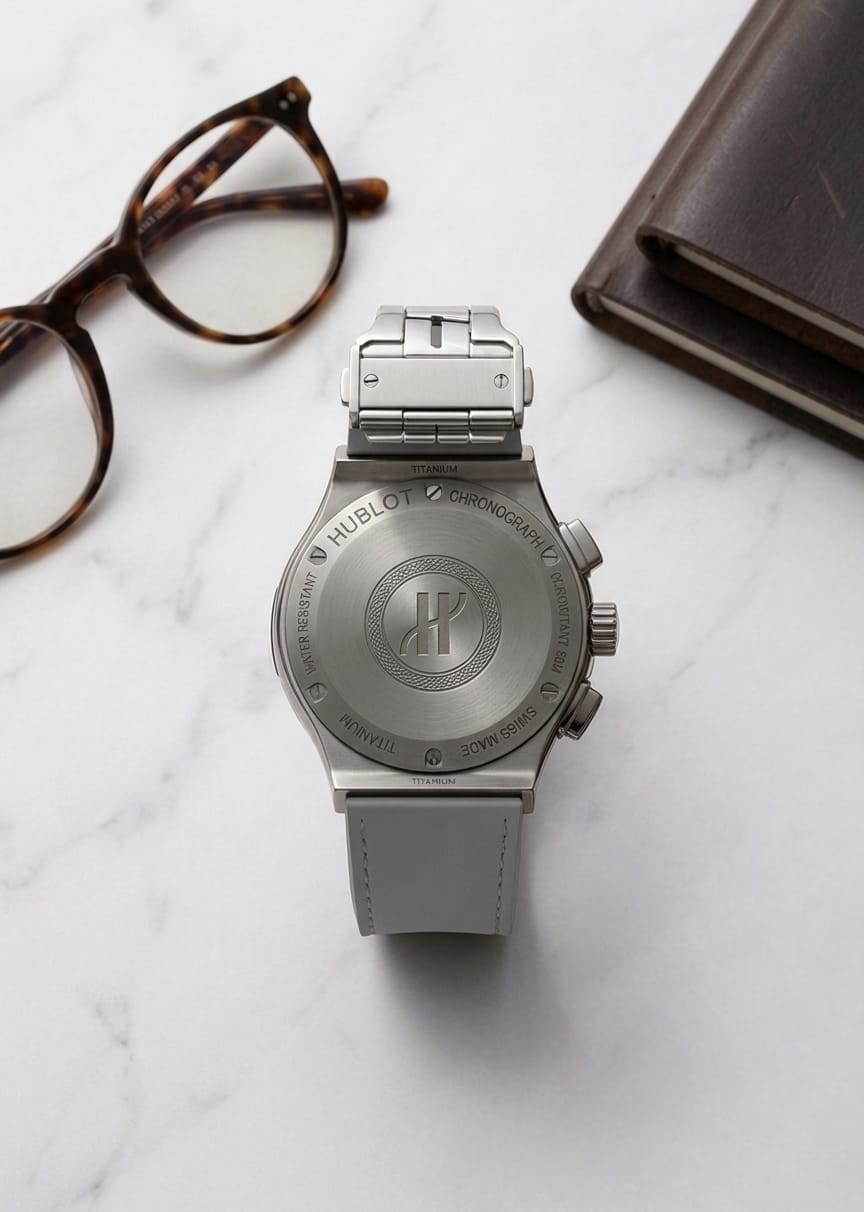 Hublot Big Bang Grey Skeleton Watch Back View with Stainless Steel Case Back and H Logo Engraving on Marble Table