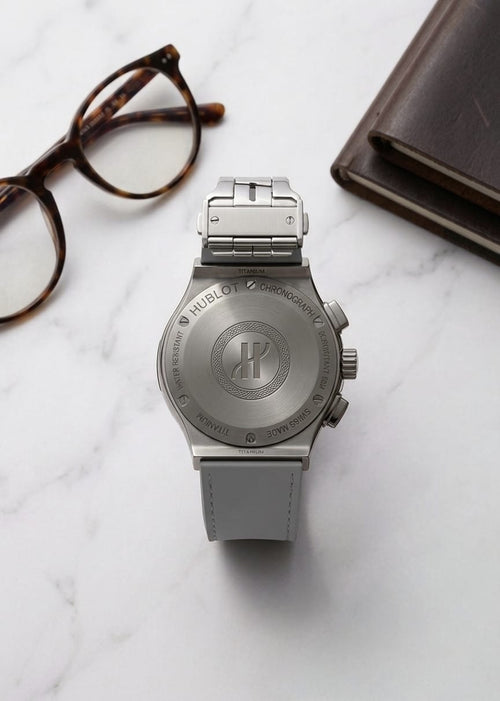 Hublot Big Bang Grey Skeleton Watch Back View with Stainless Steel Case Back and H Logo Engraving on Marble Table