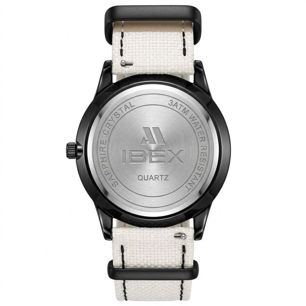 IBEX watch back view with white strap
