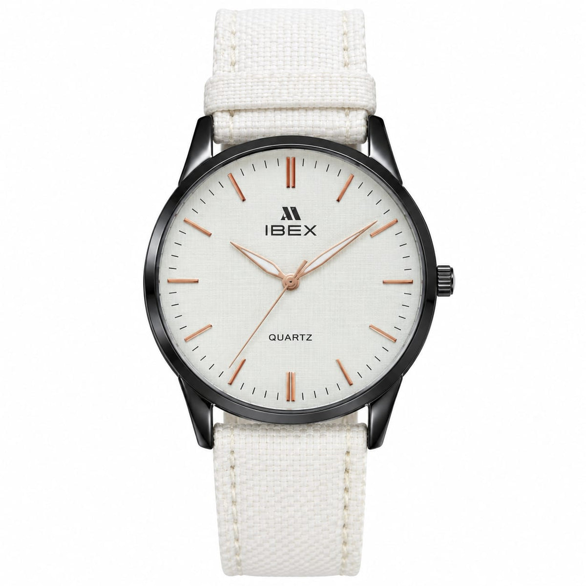 IBEX white canvas watch for men with black case, white dial, rose gold hands and fabric strap