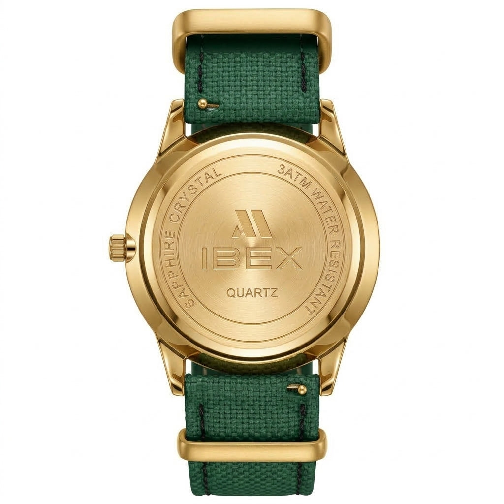 IBEX watch back view with green leather strap